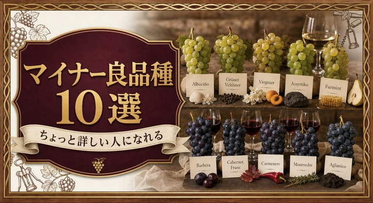 マイナー良品種10選という記事タイトルと、白5種・赤5種のブドウ、品種名カード、赤白ワインのグラス、香りのモチーフを並べたサムネイル