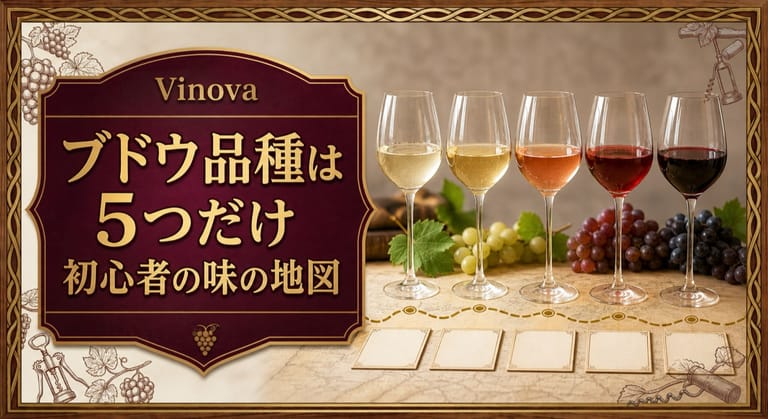 ブドウ品種は5つだけという記事タイトルと、白から赤へ色が濃くなる5つのワイングラスと味の地図を並べたサムネイル