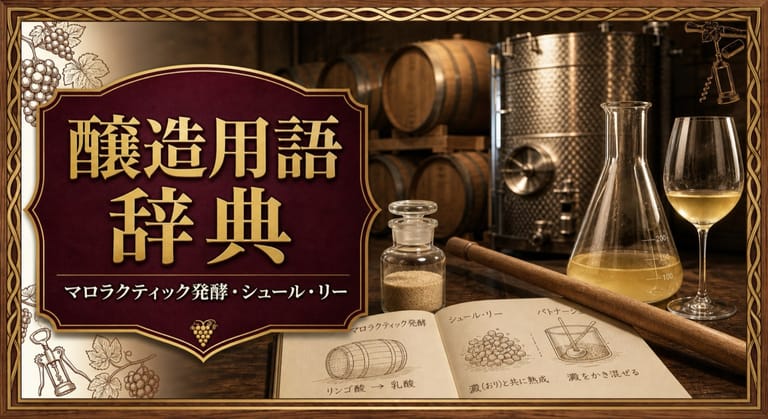 マロラクティック発酵・シュール・リー…醸造用語辞典という記事タイトルと、ワイナリーの樽、ステンレスタンク、発酵サンプル、攪拌棒、用語ノートを配したサムネイル