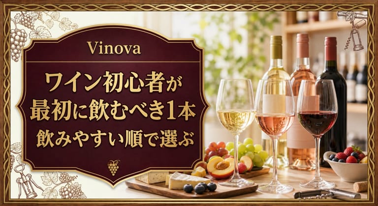 ワイン初心者が最初に飲むべき1本という記事タイトルと、白・ロゼ・軽い赤のグラスを明るいテーブルに並べたサムネイル