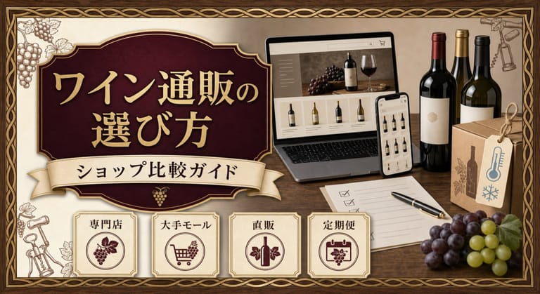 ワイン通販の選び方という記事タイトルと、ノートパソコンとスマートフォンの通販画面、配送箱、温度管理の表示、専門店・大手モール・直販・定期便の比較カードを配したサムネイル