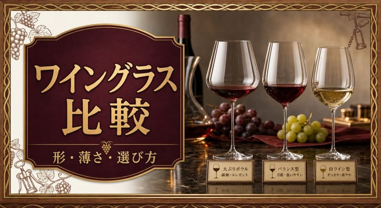 ワイングラス比較｜リーデル・ザルト・木村硝子という記事タイトルと、形や薄さの異なる3種類のワイングラス、赤ワイン、白ワイン、比較タグを並べたサムネイル