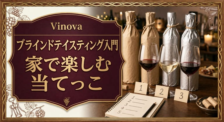ブラインドテイスティング入門という記事タイトルと、紙袋やホイルで隠したボトル、番号カード、ワイングラスを並べたサムネイル