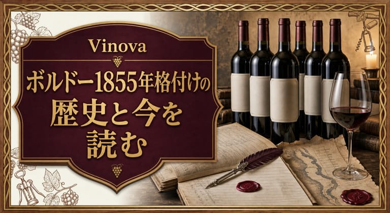 ボルドー1855年格付けの歴史と今を読むという記事タイトルと、古い台帳、羽根ペン、ワックスシール、格付けを思わせるボトル列を並べた歴史的なサムネイル