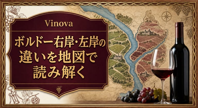 ボルドー右岸・左岸の違いを地図で読み解くという記事タイトルと、川で分かれるボルドーの古地図、ブドウ畑、赤ワインを配したサムネイル