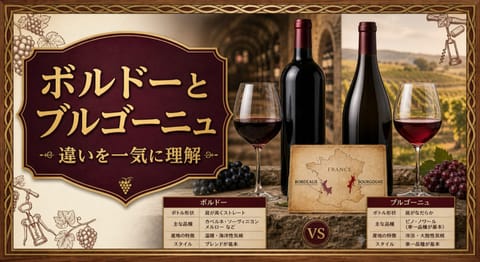 ボルドーとブルゴーニュの違いを一気に理解するという記事タイトルと、いかり肩のボルドー型ボトルとなで肩のブルゴーニュ型ボトル、2つの赤ワイン、フランス地図、比較表を並べたサムネイル