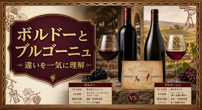 ボルドーとブルゴーニュの違いを一気に理解するという記事タイトルと、いかり肩のボルドー型ボトルとなで肩のブルゴーニュ型ボトル、2つの赤ワイン、フランス地図、比較表を並べたサムネイル