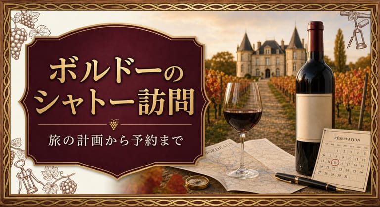 ボルドーのシャトー訪問ガイド：旅の計画から予約までという記事タイトルと、秋のボルドー風ブドウ畑とシャトー、旅行地図、予約カレンダー、ワインボトルを配したサムネイル