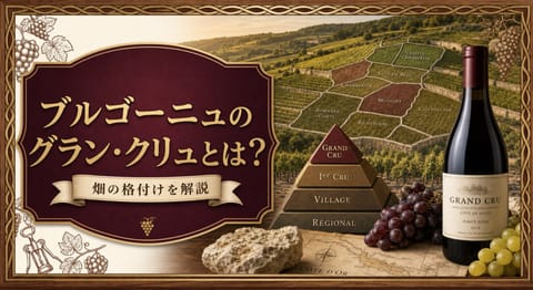 ブルゴーニュのグラン・クリュとは？という記事タイトルと、区画で分かれたブルゴーニュの斜面畑、格付けピラミッド、グラン・クリュのボトルを配したサムネイル
