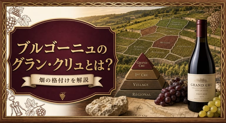 ブルゴーニュのグラン・クリュとは？という記事タイトルと、区画で分かれたブルゴーニュの斜面畑、格付けピラミッド、グラン・クリュのボトルを配したサムネイル