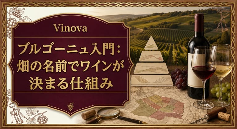 ブルゴーニュ入門：畑の名前でワインが決まる仕組みという記事タイトルと、ブルゴーニュの区画地図、格付けピラミッド、赤白ワインのグラスを並べたサムネイル
