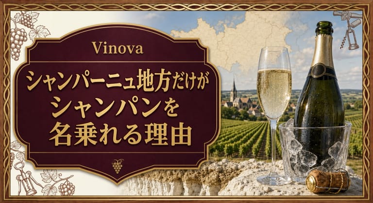 シャンパーニュ地方だけがシャンパンを名乗れる理由という記事タイトルと、白亜質土壌の畑、泡立つグラス、ボトルを配したサムネイル