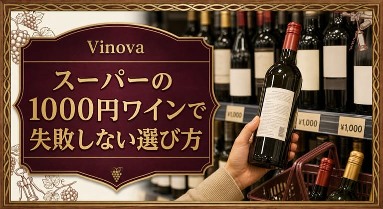 スーパーの1000円ワインで失敗しない選び方という記事タイトルと、ワイン棚で裏ラベルと価格を確認する手元を配したサムネイル