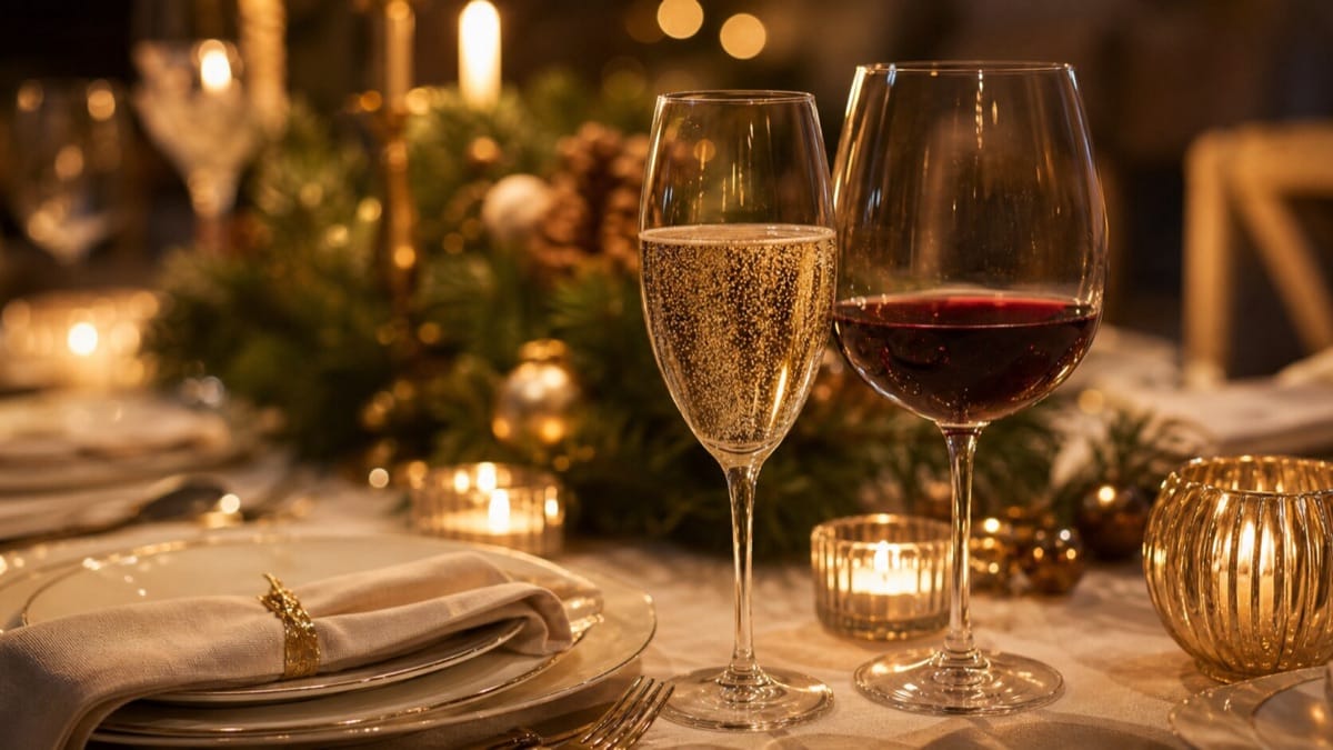クリスマスの食卓に並ぶスパークリングワインのグラスと料理