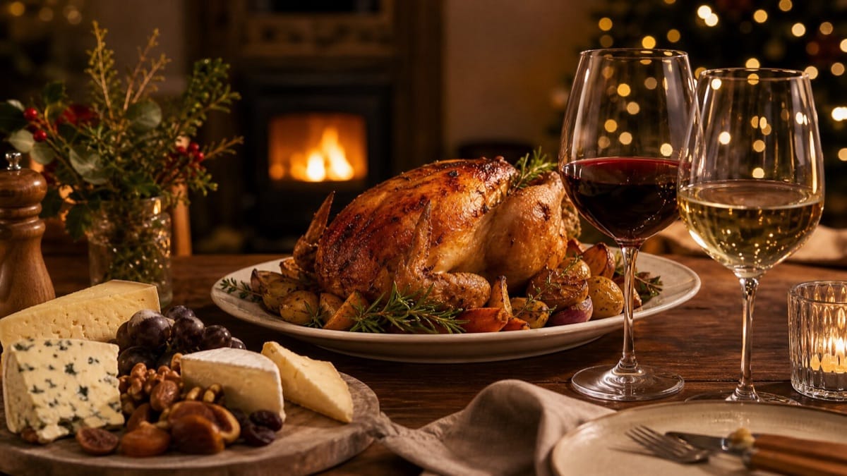 クリスマス料理と赤・白ワインを並べた相性のイメージ