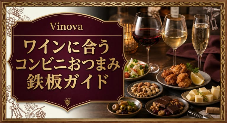 ワインに合うコンビニおつまみ鉄板ガイドという記事タイトルと、チーズ、ナッツ、からあげ、チョコなどのおつまみと赤白スパークリングのグラスを並べたサムネイル