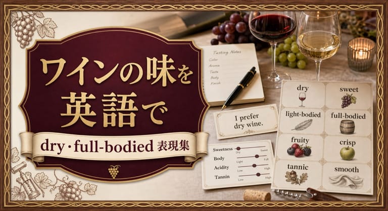 ワインの味を英語でという記事タイトルと、赤白2種のワイングラス、テイスティングノート、dry・sweet・light-bodied・full-bodied・fruity・crisp・tannic・smoothの英語カードを配したサムネイル