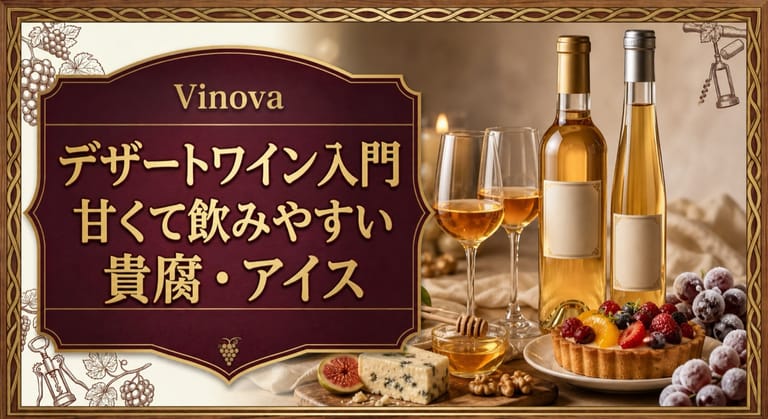 デザートワイン入門という記事タイトルと、黄金色の甘口ワイン、貴腐ワインとアイスワイン風のボトル、フルーツタルト、蜂蜜を配したサムネイル