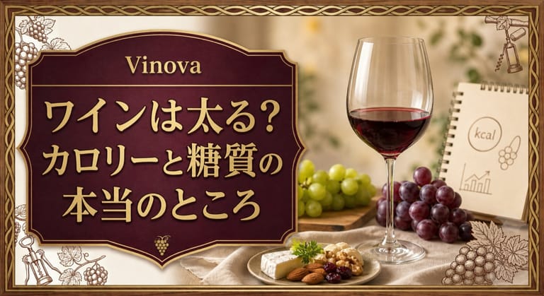 ワインは太る？という記事タイトルと、赤ワイン、ブドウ、軽いおつまみ、カロリーのメモを上品に配したサムネイル