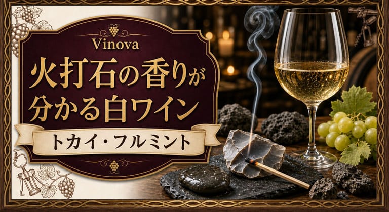 火打石の香りが分かる白ワイン トカイ・フルミントという記事タイトルと、白ワイン、火打石、マッチの煙、白ブドウを配したサムネイル
