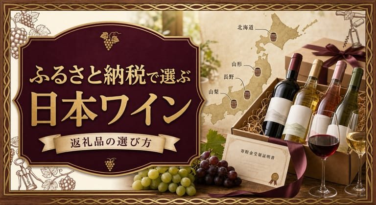 ふるさと納税で選ぶ日本ワインという記事タイトルと、返礼品ボックスに入った日本ワイン、山梨・長野・北海道などの日本地図、寄付証明書風カードを配したサムネイル