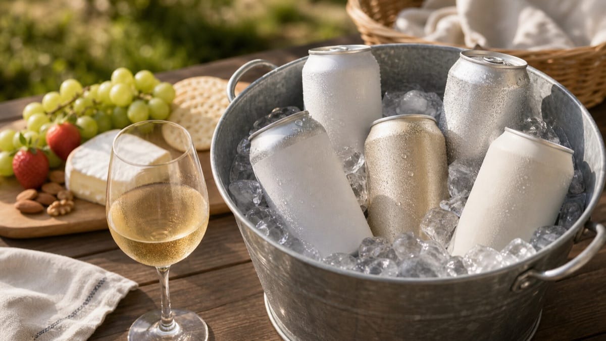氷で冷やした缶ワインとグラス、屋外での気軽な一人飲みシーン