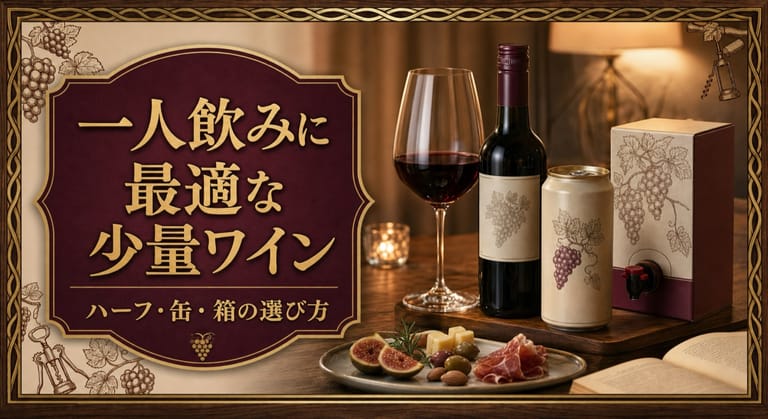 一人飲みに最適な少量ワイン｜ハーフ・缶・箱の選び方という記事タイトルと、ハーフボトル、缶ワイン、箱ワイン、グラス、軽いおつまみを並べた一人飲み向けサムネイル