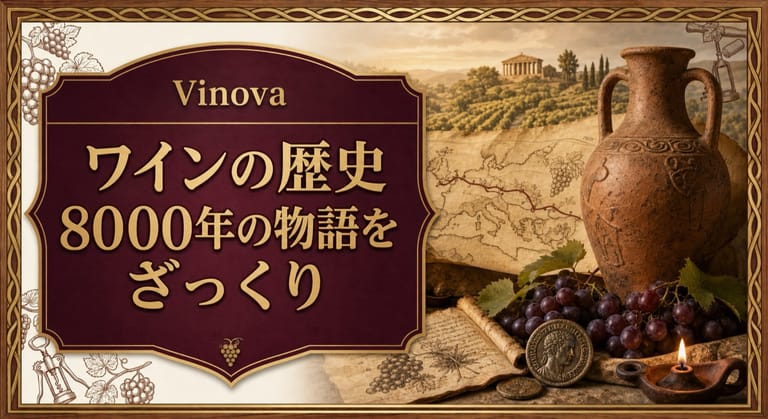 ワインの歴史という記事タイトルと、古代のアンフォラ、古地図、ブドウ、巻物を配した8000年の物語を感じるサムネイル