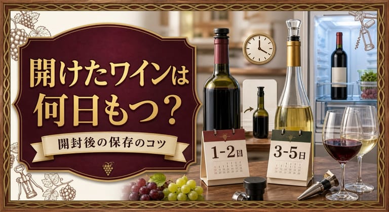 開けたワインは何日もつ？という記事タイトルと、栓をした赤白ワイン、冷蔵庫、1〜2日と3〜5日のカレンダー、保存用ストッパーを配したサムネイル