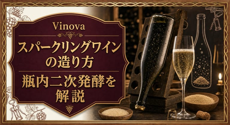 スパークリングワインの造り方という記事タイトルと、瓶内二次発酵を示すボトル、泡立つグラス、地下セラーを配したサムネイル