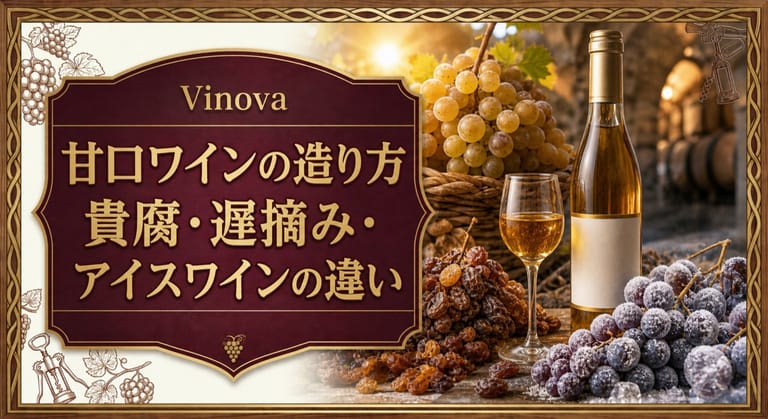 甘口ワインの造り方という記事タイトルと、貴腐、遅摘み、アイスワインを示す凝縮したブドウと黄金色の甘口ワインを配したサムネイル