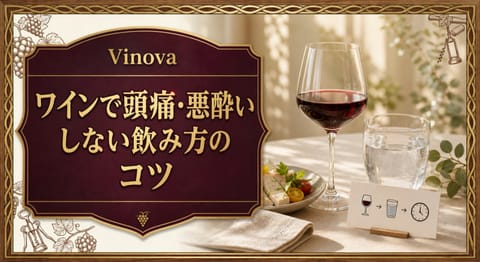 ワインで頭痛・悪酔いしない飲み方のコツという記事タイトルと、赤ワイン、水、軽食、飲むペースを示すカードを明るい食卓に並べたサムネイル