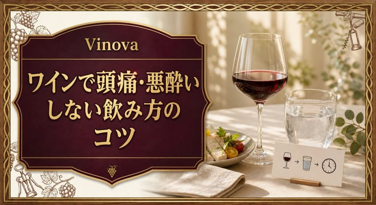 ワインで頭痛・悪酔いしない飲み方のコツという記事タイトルと、赤ワイン、水、軽食、飲むペースを示すカードを明るい食卓に並べたサムネイル