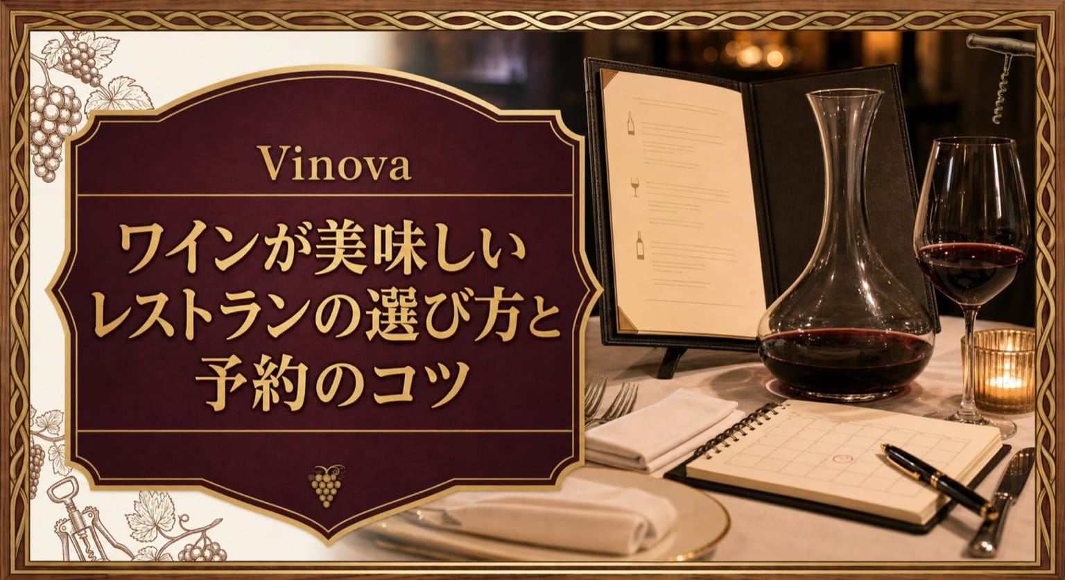 ワインが美味しいレストランの選び方と予約のコツという記事タイトルと、レストランのワインリスト、予約ノート、デキャンタ、赤ワインのグラスを並べたサムネイル