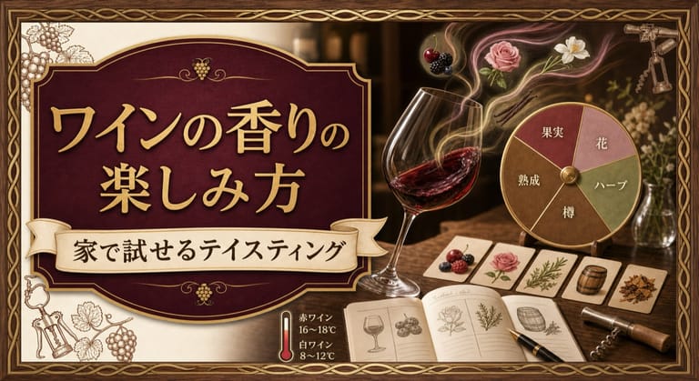 ワインの香りの楽しみ方という記事タイトルと、グラスから立ち上がる香り、果実・花・ハーブ・樽・熟成の香りカード、香りの輪、テイスティングノートを配したサムネイル