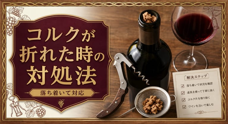 コルクが折れた・崩れた時の対処法【落ち着いて対応】という記事タイトルと、折れたコルクが残ったボトル、ソムリエナイフ、茶こし、コルク片、対処ステップカードを配したサムネイル