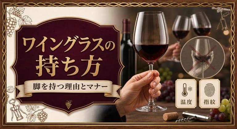 ワイングラスの持ち方という記事タイトルと、脚（ステム）を3本指で軽く持つ手元、ボウルを握らない理由、温度や指紋を示すカードを配したサムネイル