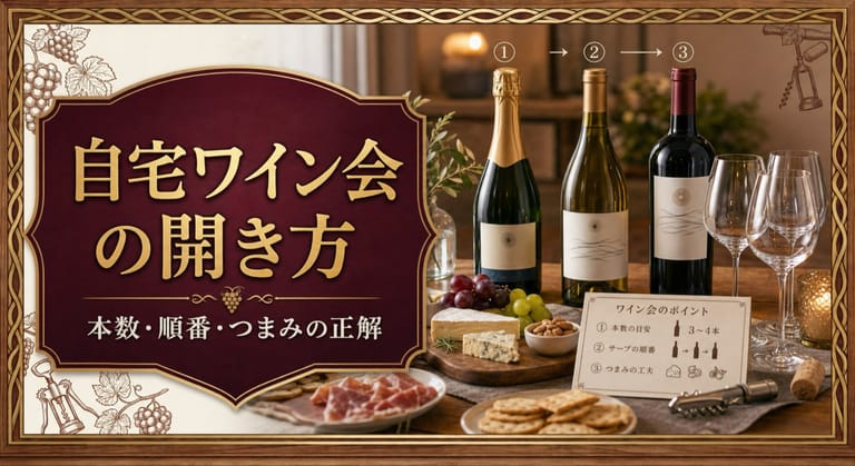自宅ワイン会の開き方｜本数・順番・つまみの正解という記事タイトルと、泡・白・赤のワインボトル、複数のグラス、チーズや生ハムのつまみ、進行カードを並べたサムネイル