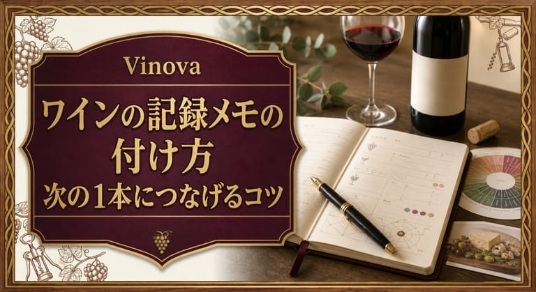 ワインの記録メモの付け方｜次の1本につなげるコツという記事タイトルと、開いたノート、ペン、ワイングラス、香りや味わいを記録するカードを並べたサムネイル