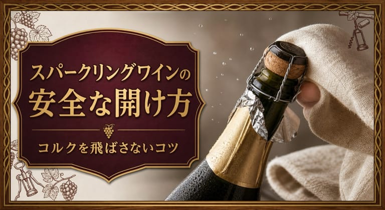 スパークリングワインの安全な開け方｜コルクを飛ばさないコツという記事タイトルと、布でコルクを押さえながらスパークリングワインを安全に開ける手元のサムネイル
