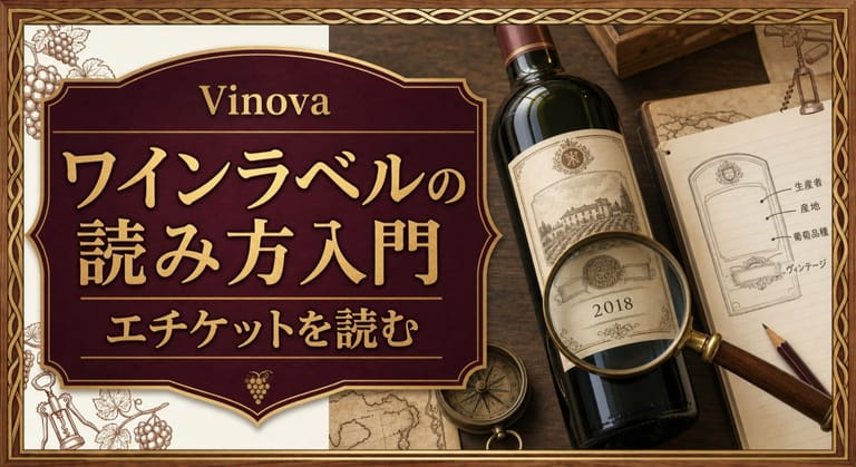 ワインラベルの読み方入門という記事タイトルと、ラベルを拡大鏡で確認するボトル、ノート、地図を配したサムネイル