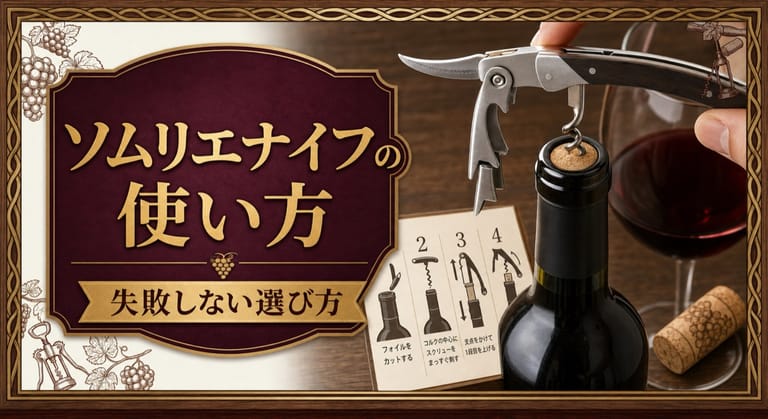 ソムリエナイフの使い方と失敗しない選び方という記事タイトルと、ボトル口に掛けたソムリエナイフ、コルク、赤ワイン、4ステップの手順カードを配したサムネイル