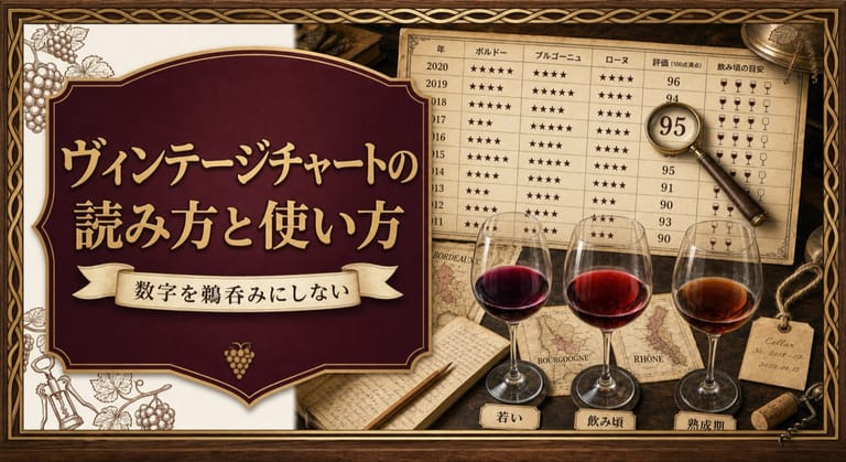 ヴィンテージチャートの読み方と使い方という記事タイトルと、点数や星が並ぶヴィンテージチャート、95点を示す虫眼鏡、若い・飲み頃・熟成期の赤ワインを配したサムネイル