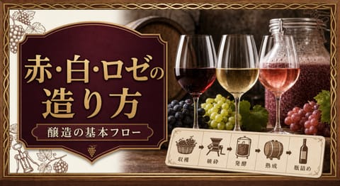 赤・白・ロゼはどう造られる？醸造の基本フローという記事タイトルと、赤・白・ロゼの3色のグラス、黒ブドウと白ブドウ、発酵容器、醸造工程カードを並べたサムネイル