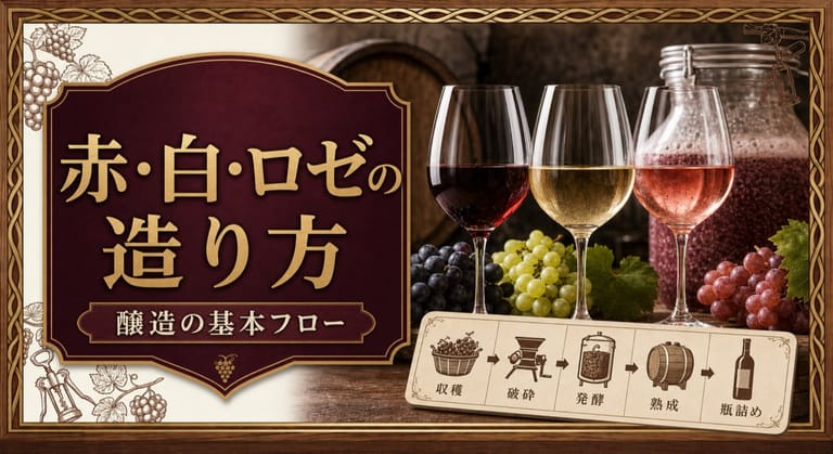 赤・白・ロゼはどう造られる？醸造の基本フローという記事タイトルと、赤・白・ロゼの3色のグラス、黒ブドウと白ブドウ、発酵容器、醸造工程カードを並べたサムネイル