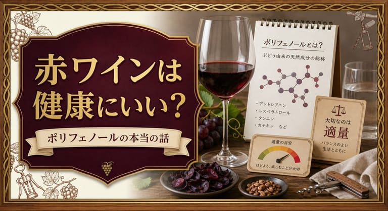 赤ワインは健康にいい？という記事タイトルと、赤ワインのグラス、ブドウの皮や種、ポリフェノールのメモ、適量を示すゲージと水のグラスを配したサムネイル