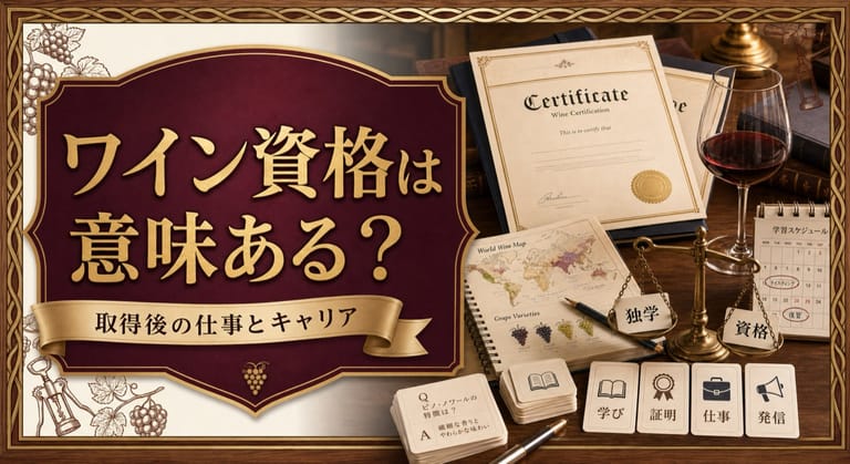 ワイン資格は意味ある？という記事タイトルと、ワイン資格の証書、世界ワイン地図の学習ノート、テイスティンググラス、独学と資格を比べる天秤を配したサムネイル