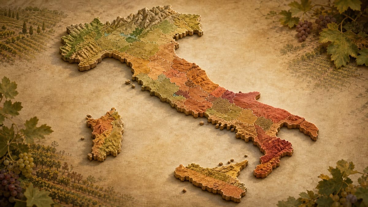 南北に長いブーツ型のイタリア半島とワイン産地の位置イメージ