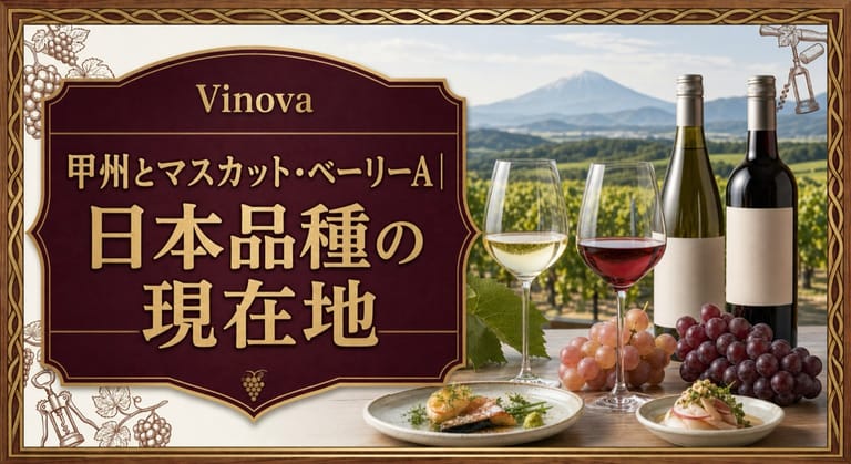 甲州とマスカット・ベーリーA｜日本品種の現在地という記事タイトルと、甲州の白ワイン、マスカット・ベーリーAの赤ワイン、日本のブドウ畑を並べたサムネイル
