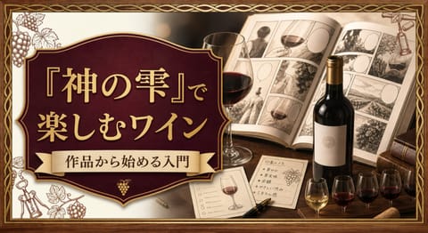 『神の雫』で楽しむワインという記事タイトルと、漫画風のページ、ワイングラス、ボトル、味わいを言葉にするテイスティングメモ、飲み比べのグラスを配したサムネイル